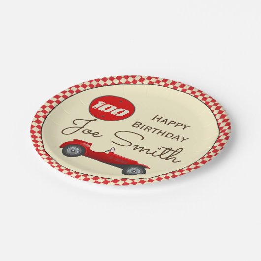  rode raceauto en vlaggen 100 jaar papieren bordje (Gekanteld)