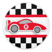 Rode raceauto, ingecheckte vlag grafische deurknop keramische knop (Voorkant)