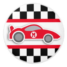 Rode raceauto, ingecheckte vlag grafische deurknop