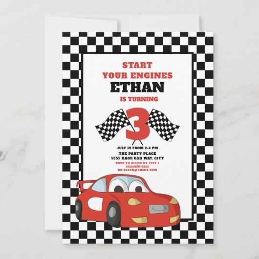 Rode raceauto kind verjaardag 3 jaar kaart (Voorkant)