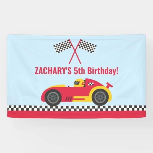 Rode raceauto kinderverjaardagsfeest achtergrond b spandoek (Horizontaal)