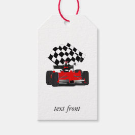 Rode raceauto met geblokte vlag cadeaulabel