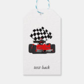 Rode raceauto met geblokte vlag cadeaulabel (Achterkant)