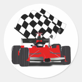 Rode raceauto met geblokte vlag ronde sticker