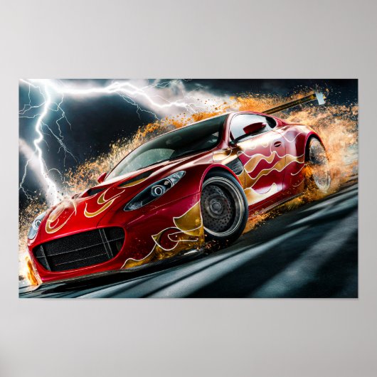 Rode raceauto met vlampatroon Drifting Hard #1 Poster (Voorkant)