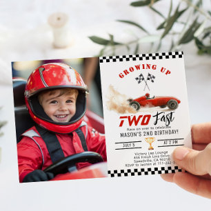 Rode raceauto Opgegroeid Twee Snel Foto Verjaardag Kaart