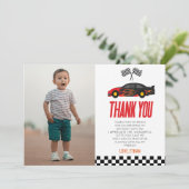 Rode Raceauto Race Auto Custom Foto Verjaardagsfee Bedankkaart (Staand voorkant)