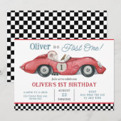 Rode raceauto snel één 1e verjaardagsfeestje  kaart (Voorkant / Achterkant)