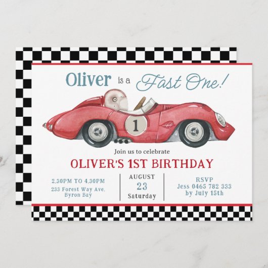 Rode raceauto snel één 1e verjaardagsfeestje  kaart (Voorkant / Achterkant)