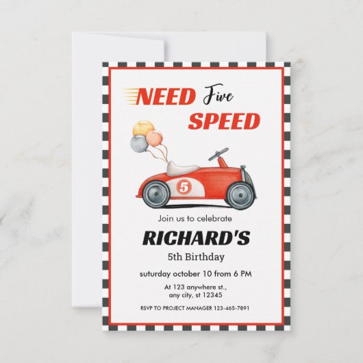 Rode raceauto verjaardag | Moet vijf versnellingen Kaart (Voorkant)