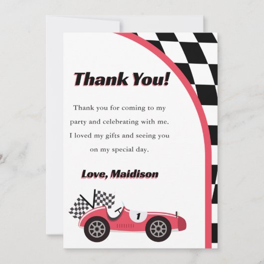 Rode raceauto verjaardagsfeestje bedankkaart kaart (Voorkant)