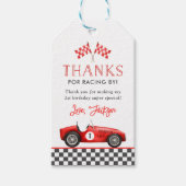 Rode raceauto verjaardagsfeestje voor jongen cadeaulabel (Voorkant)