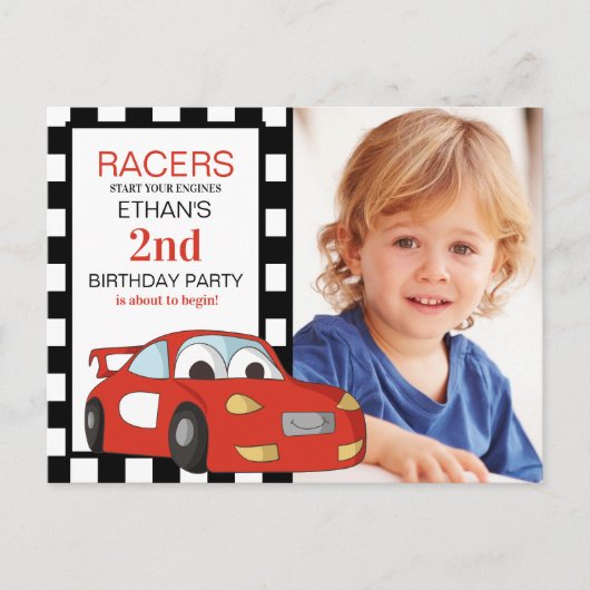 Rode raceauto zwart wit geruit 2e verjaardag briefkaart (Voorkant)
