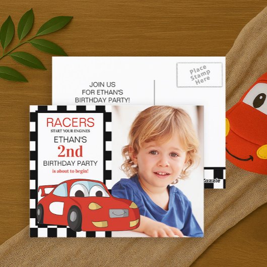 Rode raceauto zwart wit geruit 2e verjaardag briefkaart