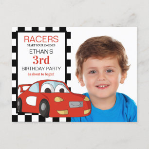 Rode raceauto zwart wit geruit 3e verjaardag briefkaart