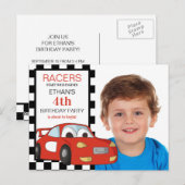 Rode raceauto zwart wit geruit 4e verjaardag briefkaart (Voorkant / Achterkant)