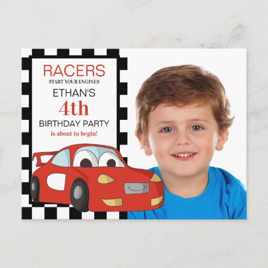 Rode raceauto zwart wit geruit 4e verjaardag briefkaart (Voorkant)