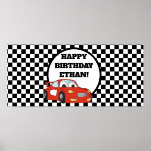 Rode raceauto zwart-wit verjaardagsfeest banner poster