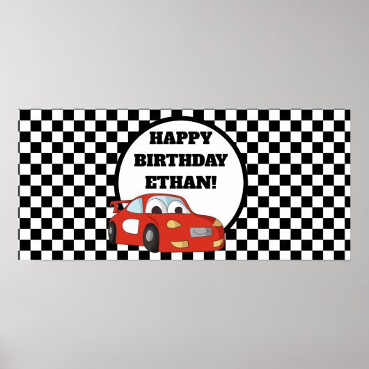 Rode raceauto zwart-wit verjaardagsfeest banner poster (Voorkant)