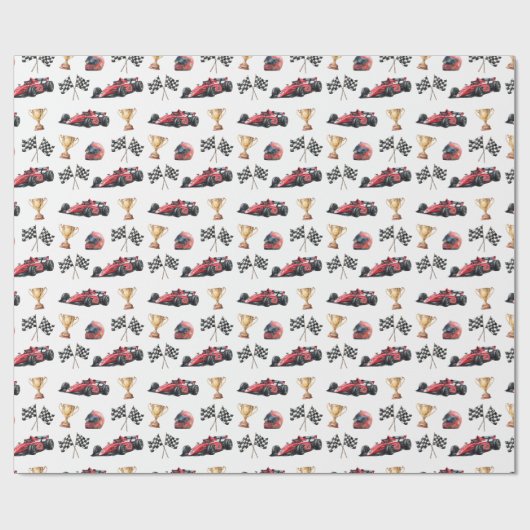 Rode raceautoverjaardagscadeauverpakkings papier (Vlak)