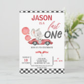 Rode Racing Auto Ballonnen Olifant 1e Verjaardag Kaart (Staand voorkant)