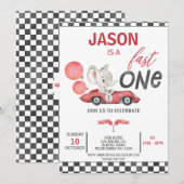 Rode Racing Auto Ballonnen Olifant 1e Verjaardag Kaart (Voorkant / Achterkant)