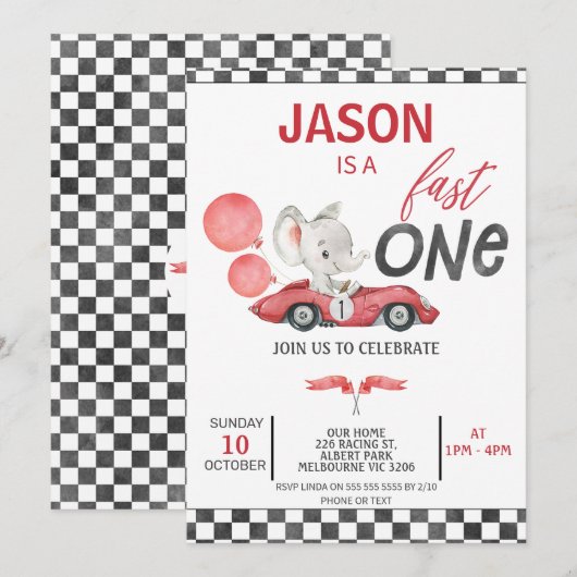 Rode Racing Auto Ballonnen Olifant 1e Verjaardag Kaart (Voorkant / Achterkant)