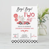 Rode Racing Auto Ballonnen Olifant 2e Verjaardag Kaart (Staand voorkant)