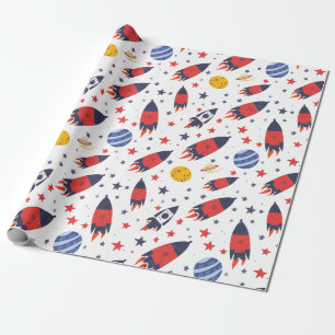 Rode Raketten Sterren en Planeten Cadeaupapier