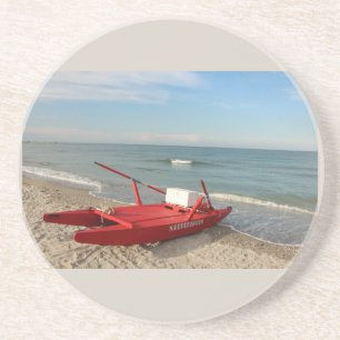 Rode reddingboot op het strand - zee fotografie zandsteen onderzetter