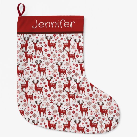 Rode rendieren en sneeuwvlok gepersonaliseerd grote kerstsok (Voorkant)