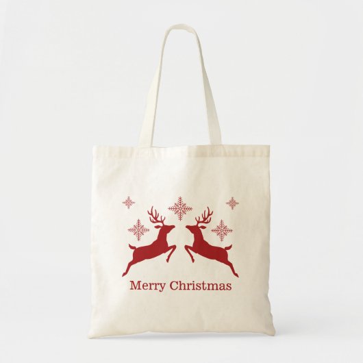 Rode rendieren en sneeuwvlokken, pretkerst tote bag (Voorkant)