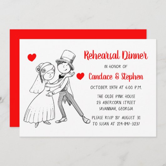 Rode Repetitie Diner Cartoon Bruid Bruidegom bruil Kaart (Voorkant / Achterkant)