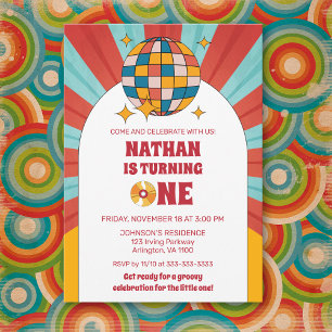 Rode Retro 1e Kinder Verjaardag Groovy Feest Vinyl Kaart