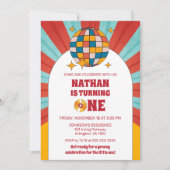 Rode Retro 1e Kinderverjaardag Groovy Feest Vinyl Kaart (Voorkant)