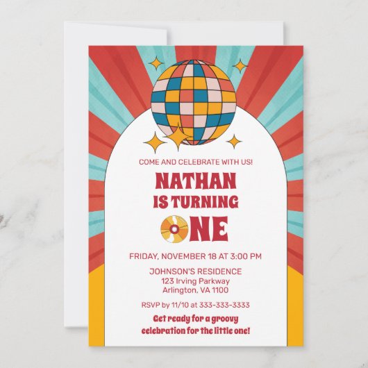 Rode Retro 1e Kinderverjaardag Groovy Feest Vinyl Kaart (Voorkant)