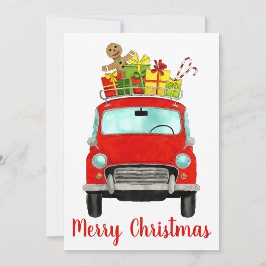 Rode retro-auto met cadeaus Kerstkaart (Voorkant)