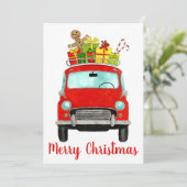 Rode retro-auto met cadeaus Kerstkaart (Staand voorkant)