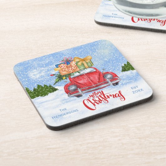 Rode retro-auto met kerstboomstructuur Onderzetter (Linkerzijde)