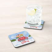 Rode retro-auto met kerstboomstructuur Onderzetter (Rechterzijde)