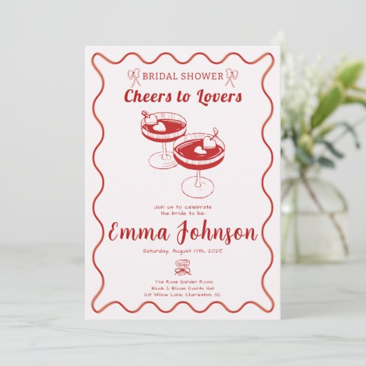 Rode Retro Bruids Douche Uitnodiging | met de hand (Staand voorkant)