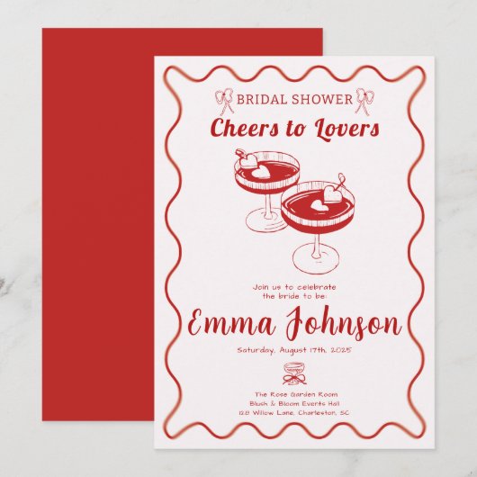 Rode Retro Bruids Douche Uitnodiging | met de hand (Voorkant / Achterkant)