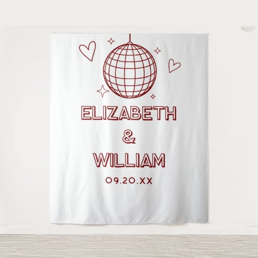 Rode Retro Groovy Discobal Huwelijksfoto Achtergro Wandkleed (Voorkant)