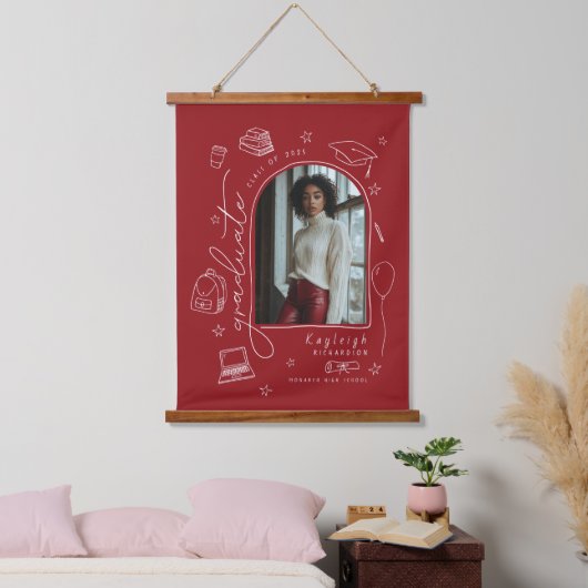 Rode Retro Hand getekende foto Afstuderen Hangend Wandkleed (Slaapkamer)