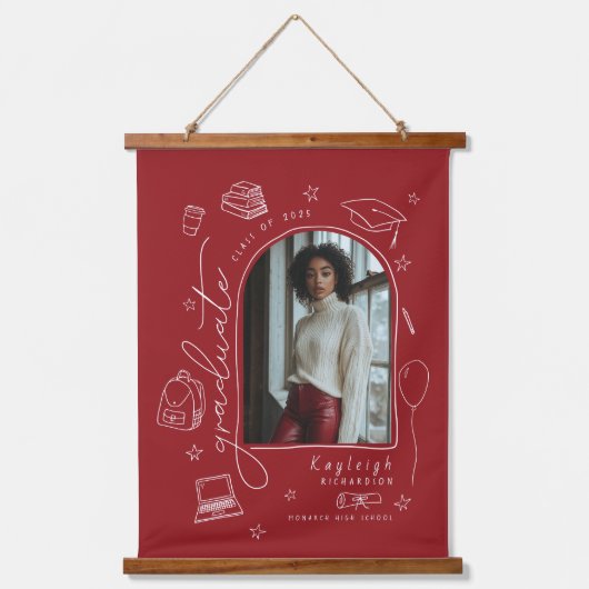 Rode Retro Handgetekende Foto Afstuderen Hangend Wandkleed (Voorkant)