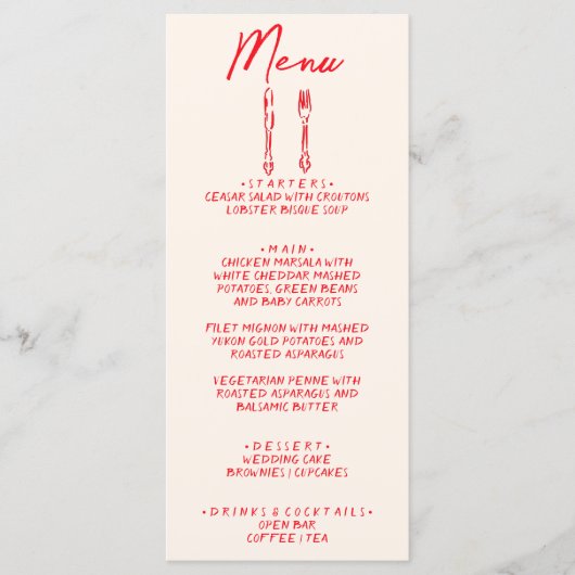 Rode Retro Handgetekende Unieke Trouwdag Menu (Voorkant)