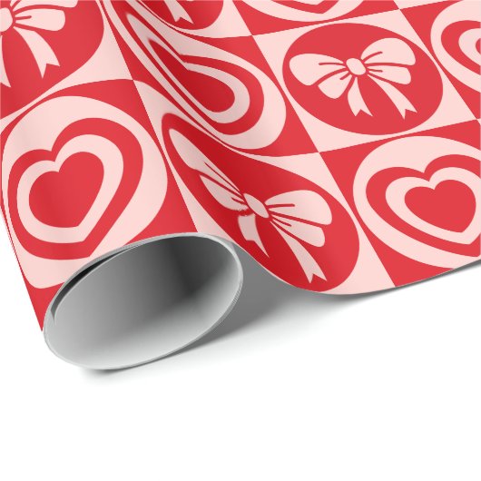 Rode  Retro Harten en Bogen Valentijnsdag Cadeaupapier (Rol Hoek)