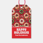 Rode Retro Kerst Donuts Rode Tartan Plaid Cadeaulabel (Voorkant)