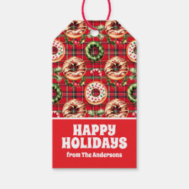 Rode Retro Kerst Donuts Rode Tartan Plaid Cadeaulabel