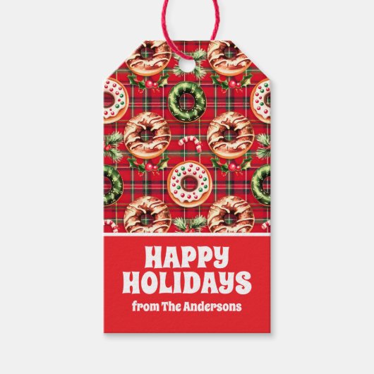 Rode Retro Kerst Donuts Rode Tartan Plaid Cadeaulabel (Voorkant)